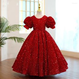 Girl Dresses Beautiful Red Long Flower Girls Sequined Tulle First Communion Pageant Gown Birthday Party Dress