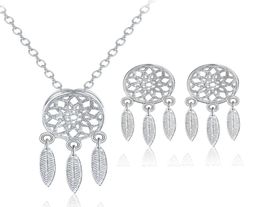 OMHXZJ Whole Personality Earrings Fashion Woman Girl Silver Feather 925 Sterling Silver Stud Earring Necklaces Jewelry Set SE06747129