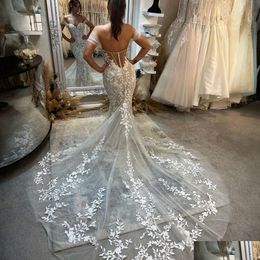 Mermaid Wedding Dresses Beach Boho Dress For Bride V Neck Off Shoder Appliqued Lace Bridal Gowns Marriage Designers Gown Shine Fabri Dhge5