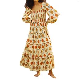 Casual Dresses Long-sleeved Bohemian Dress For Women Balloon Sleeves And Smocked Wrists Flower Print A-line Party Square Neck
