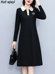 Casual Dresses Loose Korean Vintage Black Night Dress 2024 Autumn Winter Long Sleeve Midi Vestidos Women Elegant Chic Fashion
