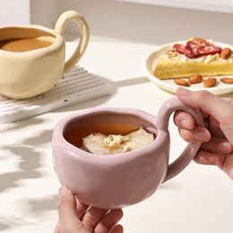 Mugs Solid Color Ceramic Mug And Spoon Set Household Irregular Breakfast Container Office Oatmeal Milk Coffee Tea Water Cup Cream