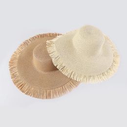 Wide Brim Hats Natural Panama Straw Hat Summer Men Women Beach UV Protection Sun Raw Edge Tassels Outdoor Unisex Basin