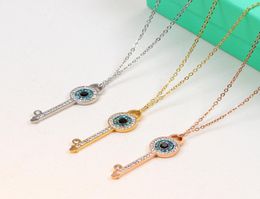 Rose Gold Colour Blue Austrian Crystal Evil Eye Key Pendant Necklace Stainless Steel Women Jewelry8580539