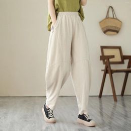 Women's Pants Solid Colour Casual Women Summer 2024 Elastic High Waist Breathable Palazzo Trousers Pockets Loose Cotton Lounge