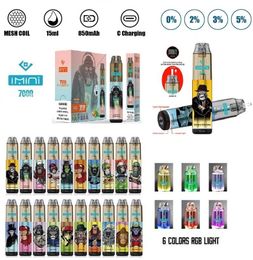 Authentic Imini 20 Regular Flavours 7000 Puffs 7k puf Disposable Vape Pen 2% & 5% Flashing RGB Tank Design 850mAh Type-C Rechargeable Disposable Vapour Pen Pod Free Shipping