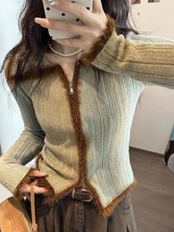 Women's Blouses Japan Korean Style Lapel Casual Double Zipper Sweater Fashion Splicing Knit Cardigan Top Women 2024 Spring Autumn X785