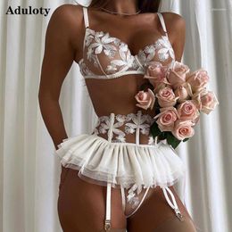 Bras Sets Aduloty Women's Sexy Underwear Set Gauze Skirt Ruffle Puffy Garter Belt Tight Erotic Lingerie Thin Bra Three-Piece Suit