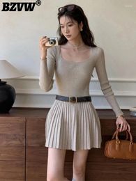 Casual Dresses BZVW Patchwork Knit Dress With Waist For Women 2024 Spring Trend Long Sleeve Solid Color Slim Short Skirts Female 25X4540