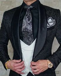 Men's Suits Blazers 2023 Lastest Design Black Jacquard Groom Tuxedos Men wedding Suits Shawl Lapel 3 Pieces Groomsmen Prom Party Best Man Blazer