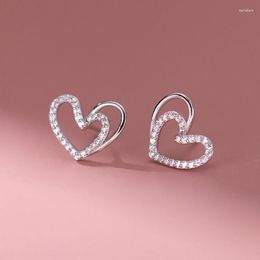 Stud Earrings Women's 925 Sterling Silver Zircon Hollow Heart Delicate Sparkling Girls Romantic Wedding Party Jewellery Gift