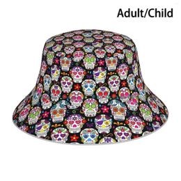 Berets Brightly Colored Sugar Skulls On A Black Background Bucket Hat Sun Cap Day Of The Dead Calavera Mexico Mexican Dia De