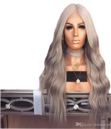 Grey Wig 26Inch Long Cury Wavy Hair Synthetic Lace Front Wig With Baby Hair 180 Density Heat Resistant Middle Part Wigs For Women2626062