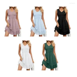 Casual Dresses Womens Summer Sleeveless V-Neck Shirred A-Line Swing Midi Dress Chiffon Swiss-Dot Smocked Bodice Ruffle