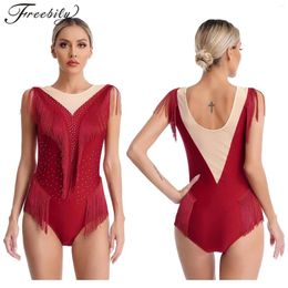 Stage Wear Womens Ballet Dance Leotard Figure Skating Gymnastics Latin Cha-cha Tango Samba Dancewear Shiny Rhinestone Mesh Tassel Bodysuit