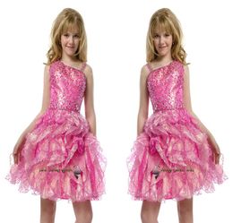 2015 Sequins Pre Teen Short Full Beading Pink Girls Pageant Dresses Pleat Knee Length Little Kids Big Girls Party Gowns9025773