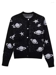 Women's Knits Planet Pattern Printed Cardigan Single Breasted O-neck Sparkling Autumn Winter Sweaters Female Long Sleeve Tops Knitted