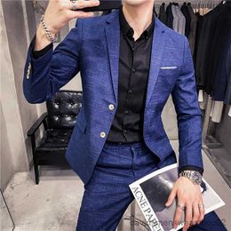 Men's Suits Blazers ( Blazer + Pants ) 2020 New Mens Fashion Boutique Dark Plaid Casual Business Suit Formal Groom Wedding Dress Tuxedo Blue Black