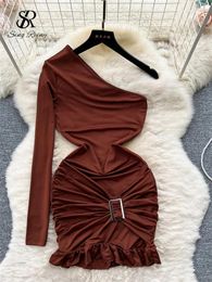 Casual Dresses SINGREINY Women Slash Neck Spring Bodycon Dress Fashion Long Sleeve Slim Ruched Design American Off Shoulder Party Sexy