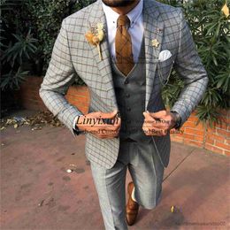 Men's Suits Blazers Fashion Plaid Tweed Mens Suits Slim Fit Notached Lapel Sliver Groom Wedding Tuxedo 3 Pieces Set Costume Homme Jacket Vest Pants
