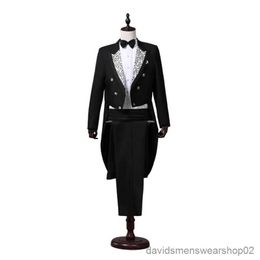 Men's Suits Blazers Tailcoat Suits Men Vest Jacket White Tail Coat Chorus Tuxedo Floral Stage Costume Singer Performer Magician Host Outfits