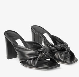 2024 Summer Luxury High Heel Shoe Avenue Mules Chunky Heels Knot Strappy Sandals Shoes Women Sqaure Toe Mules Nappa leather Lady Elegant Walking EU35-43