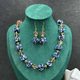 Necklace Earrings Set Glaze Flowers Mediaeval Glass Crystal Combination European Style