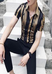 Mens Dress Shirts Gold Black Shirt 2021 Summer Short Sleeve Prom Party Stylish Slim For Men3464956