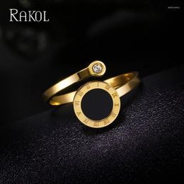 Cluster Rings RAKOL Stainless Steel Roman Numeral Black Shell Opening For Women Adjustable Zircon Tail Ring Fashion Female Jewellery