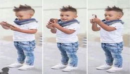 Retailwhole Boys short sleeve shirtjeansscarf 3pcs set tracksuit Clothing Sets boy outfits children Designers Clothes4866098