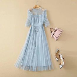 Party Dresses Est Nice High Quality Designer Runway Women's Half Sleeve Sweet Ruffles Beading Belt Sky Blue Mesh Dot Long Dress