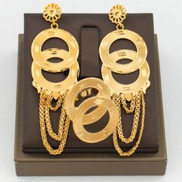 Necklace Earrings Set Trend 18k Gold Colour With Ring For Women African Dubai Dangle And Jewellery Engagement Gifts