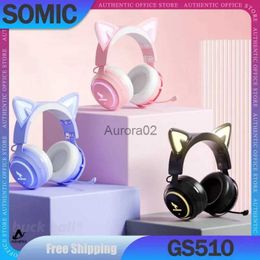 Cell Phone Earphones Somic GS510 Gamer Headphone With Microphone Cat Ears Rgb Light Colourful Cute Headsets Noise Reduction Girl Gaming Earhone Gifts YQ240219