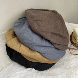 Berets Japanese Cotton Linen Spring And Summer Forward Hat Solid Colour Breathable Men Women British Short-brimmed Sboy Hats