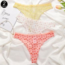 Women's Panties 2pcs Lemon/Apple/Peach Sexy T-back Underwear Fruit Printed Lace Thong Tangas Cotton Crotch Girl's T-pants