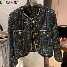 Women's Jackets KUSAHIKI Mixed Color Blue Woven Tweed Korean Style Short Spring Autumn Gold Buckle Bright Thread Edge Coat