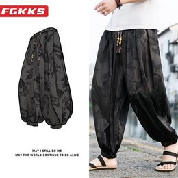 FGKKS 2023 Outdoor Brand Pants For Men Lce Silk Dragon Dark Flower Loose Bloomers High Quality Wide Leg Casual Pants Male 240125