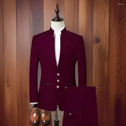 Men's Suits Men Wedding With Stand Collar Slim Fit African Mandarin Style Groom Tuxedos Male Dress Prom Man Blazer 2 Pcs Set 2024