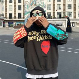 Mens Hoodies Sweatshirts Hip Hop Graffiti Letter Printed Lucky Me i See Ghosts Cool Hooded Harajuku Fleece Streetwear Drop 230803