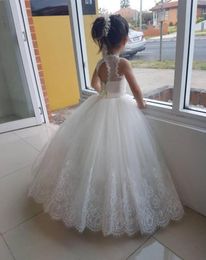 Ivory Flower Girls Dresses Lace Girls Wedding Party Dress Ball Gown Summer Pleats Tulle with Lace Applique Laceup back2163609