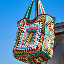 Shoulder Bags Handmade Crochet Womens Shoulder Bag Bohemian Knitting Shopper Purses Travel Beach Bag Color Hollow Tote Bags for Women HandbagH24219