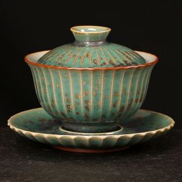 Vintage Glaze Kiln Change Gaiwan 100ml Green Ceramic Tea Bowls with Lid Big Master Cup Pu'er Tea Tureen Tea Cup Accessories202m