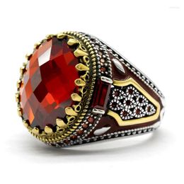 Cluster Rings Turkish Jewellery Men's Ring With Red Cubic Zircon 925 Sterling Silver Vintage King Crown CZ Enamel Gifts For Men And Women