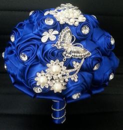 Royal Blue Romantic Rose Wedding Bouquets With Crystal Rhinestone Pearls High Quality Wedding Supplies Flower Bouquets For Bride U8361487