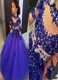 Gorgeous Royal Blue Crystal Little Girls Pageant Dresses High Neck Long Sleeves Applique Beads Flower Girls Prom Formal Dress For 1454036