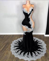 Laço de prata apliques preto veludo sereia vestidos de baile 2024 luxo pura malha superior o pescoço sexy vestido de aniversário preto menina vestidos vestidos de noite 0219