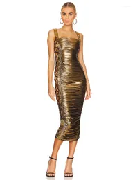 Casual Dresses Sexy Straps Gold Metal Lace-up Midi Dress Women Sleeveless Square Collar Folds Hollow Out Bodycon Evening Club Party