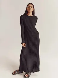 Casual Dresses Elegant Solid Ribbed Knitted Maxi Dress Women Slim O-neck Long Sleeve Lace Up A-line 2024 Autumn Lady Streetwear Robe