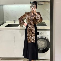 Work Dresses Collection 2024 Leopard Tie Collar Puff Sleeves Blouse And Flare Hem Mermaid Midi Skirt Women Set