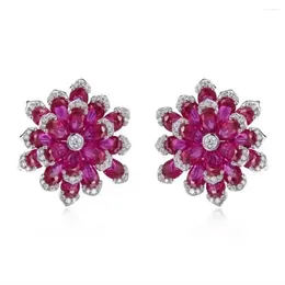 Stud Earrings Luxury 925 Sterling Silver Ruby High Carbon Diamonds Gemstone Flower Ear Studs Fine Jewellery Wholesale